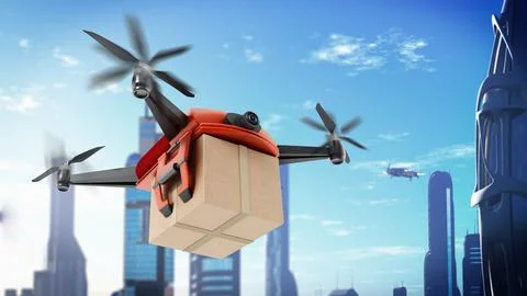 Unmanned drone carrying cargo box. 3D illustration Stock Illustration