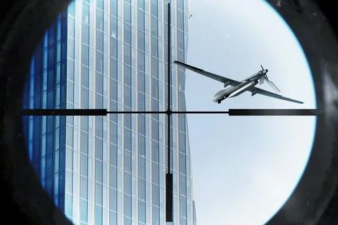 Unmanned drone in optical sight near highrise building, concept of urban se.. 写真素材