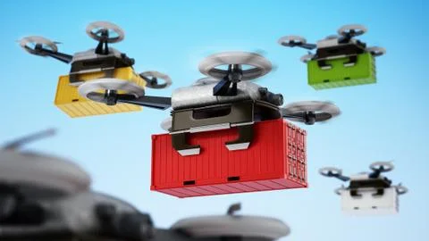 Unmanned drones carrying cargo containers. 3D illustration Stock Illustration