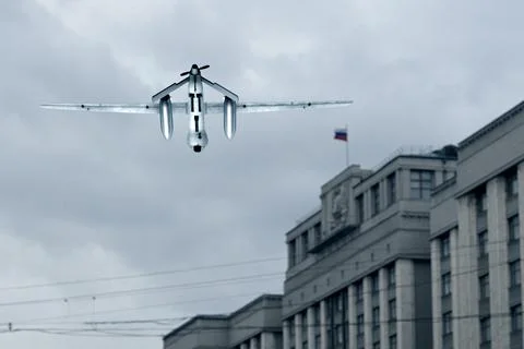 Unmanned military drone attacks objects in Moscow, over Red Square, 3d rendering Stock-Fotos