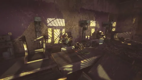 Unnerving factory setting under hazy sunbeams and crumbling walls Stock Footage 336257206
