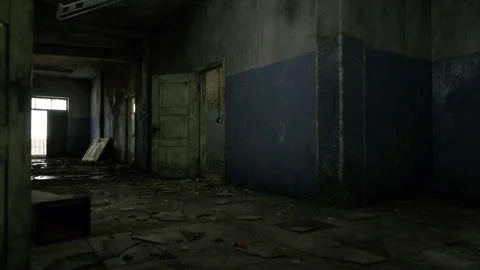 Unnerving hallway with dilapidated surfaces suitable for suspense moments Stock Footage 341589676