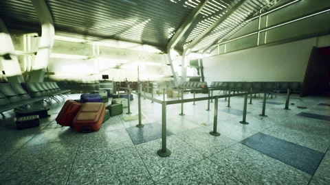 Unoccupied gate area with scattered baggage and morning glow Stock Footage 340341066
