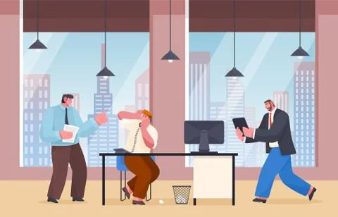 Unorganized office workers making panic, angry boss swear at employee talking on Stock Illustration