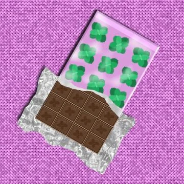 Unpacked chocolate bar with mint leaves on the package lying on pink fabric Stock Illustration