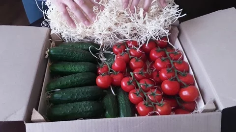Unpacking a parcel, a cardboard box with fresh cherry tomatoes and cucumbers Stock Footage 182555981