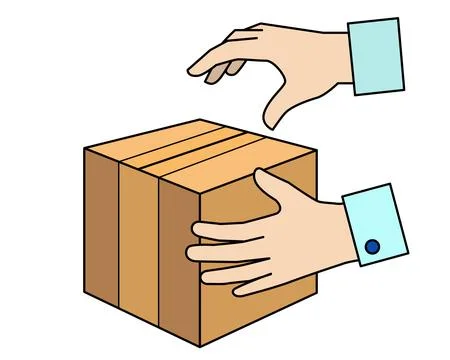 Unpacking a parcel, hands ready to open a cardboard box - color vector image. Stock Illustration