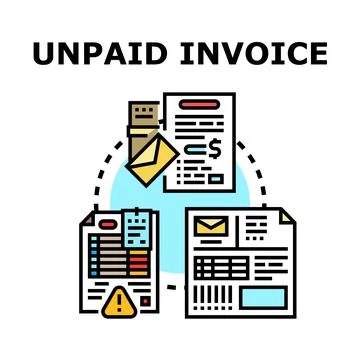 Unpaid invoice documents displaying warning and financial details 库存插图
