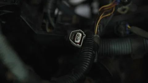 Unplugged plastic sensor connector plug hanging inside car engine bay Video stock 340274089