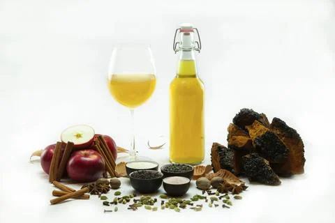 The unprocessed elements of green Kombucha tea are seen close up, isolated Stock Photos
