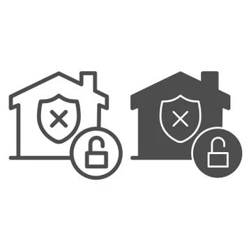 Unprotected building emblem and open lock line and solid icon, smart home symbol Stock Illustration