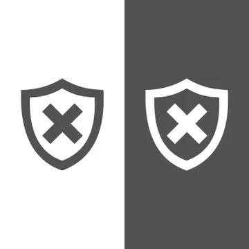 Unprotected shield icon on black and white background Stock Illustration