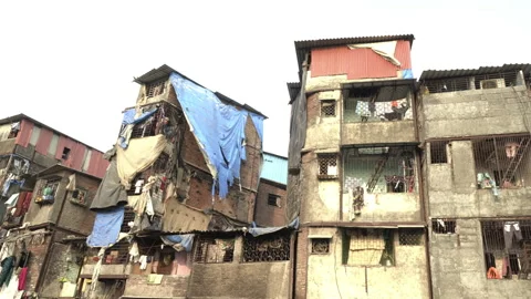 Unprotected slum residential building and slum area, Mumbai, IndiaStock Footage