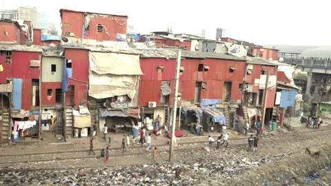 Unprotected slum residential building and slum area, Mumbai, IndiaStock Footage