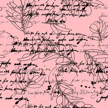 Unreadable text seamless pattern olives branch, retro vintage イラスト素材