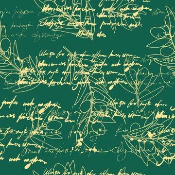 Unreadable text seamless pattern olives branch, retro vintage イラスト素材