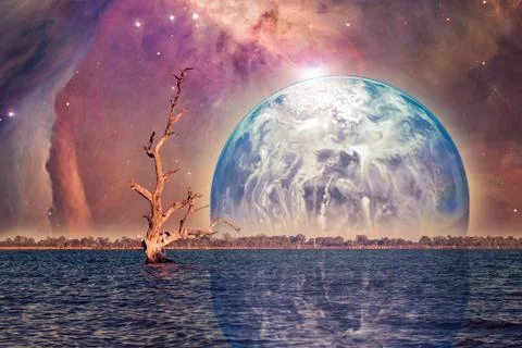 Unreal alien landscape - bare tree growing in water with rising planet. Eleme Foto stock