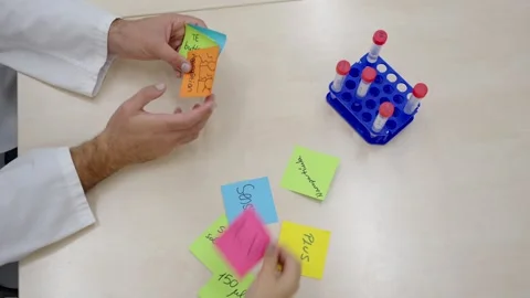 Unrecognisable scientists sticking adhesive notes on desk Stock Footage 255196461