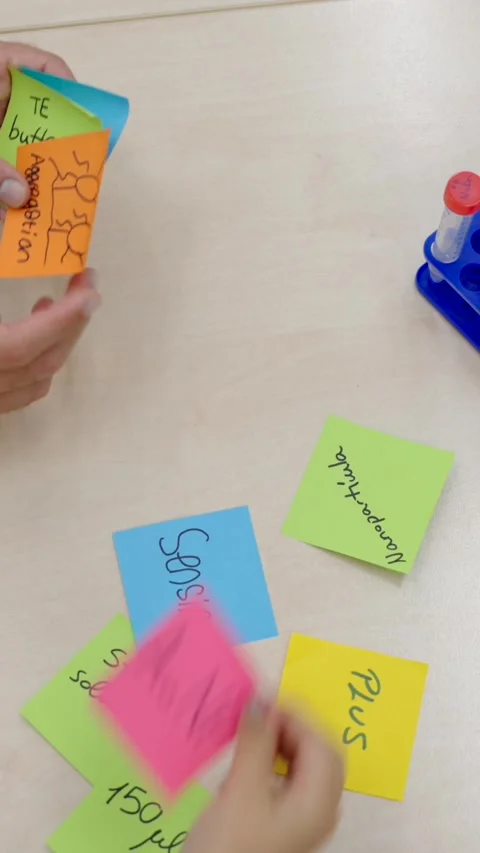 Unrecognisable scientists sticking adhesive notes on desk Stock Footage 257629024