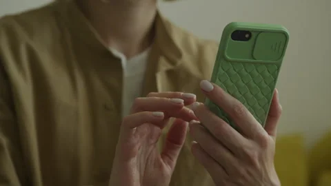 Unrecognizable Female Using Green Smartphone Close Up Stock Footage 245167850