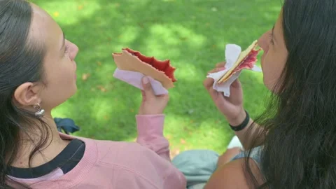 Unrecognizable friends talking and eating traditional Colombian food in park. 動画素材 333646889