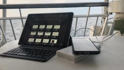Unrecognizable gadget brands on table at deck of cruise passenger ship. Stock Footage 244308456