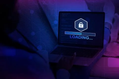 Unrecognizable hacker using laptop with progress loading bar 스톡 사진