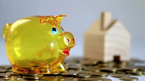 Unrecognizable hand is save money by throwing money into a piggy bank Banking Stock Footage 265935648