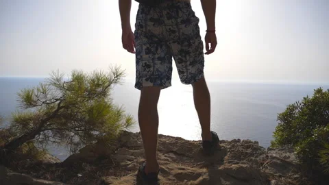 Unrecognizable hiker standing on edge of top and admiring landscape. Male Vidéo 333389053