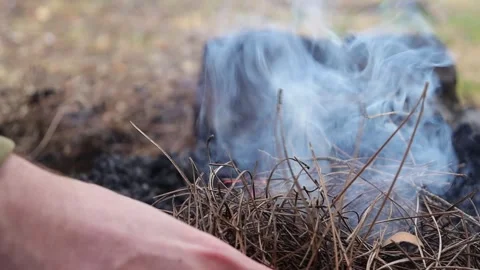 Unrecognizable Man Feeding the Campfire in Slow Motion Stock Footage 283307422