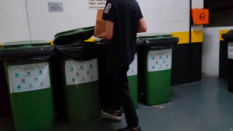 Unrecognizable man open recycle trash can end Throw Away recyclable trash. Stock Footage 252613795