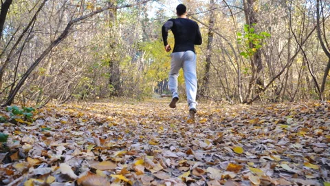 Unrecognizable man running fast along forest path. Strong and endurance athlete Video stock 252364654