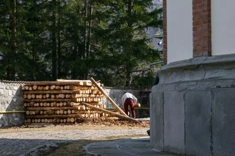 Unrecognizable man at work stacking up wood lumber cut trees to be used in co Stock Photos