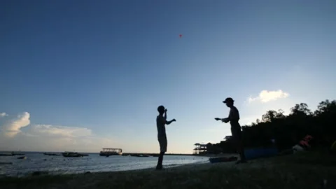 Unrecognizable men flying a kite at the beach at dusk. Stock Footage 135366207