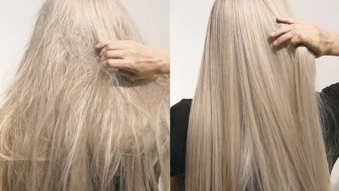 Unrecognizable model with long blond straight hair, slow motion before and after Stock Footage 309845144