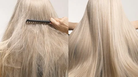 Unrecognizable model with long blond straight hair, slow motion before and after Stock Footage 312372654