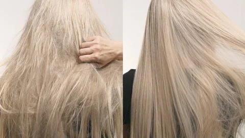 Unrecognizable model with long blond straight hair, slow motion before and after Stock Footage 313255650
