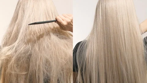 Unrecognizable model with long blond straight hair, slow motion before and after Stock Footage 314034401