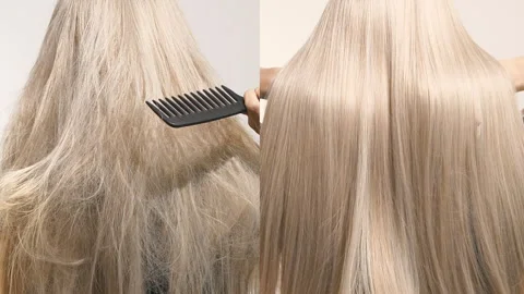 Unrecognizable model with long blond straight hair, slow motion before and after Stock Footage 315634617