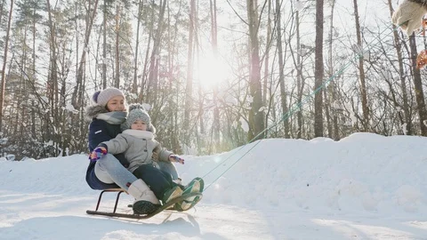 Unrecognizable mother pulling sled with kids Stock Footage 101387501