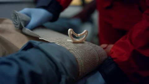 Unrecognizable paramedic in gloves wrapping man hand with elastic bandage Stock Footage 166880694