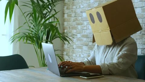 Unrecognizable person with a box on her head working remotely on a laptop Stock Footage 344396855