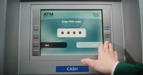 Unrecognizable Person Entering PIN Code. Error Message on Cash Machine Display Stock Footage 310130889