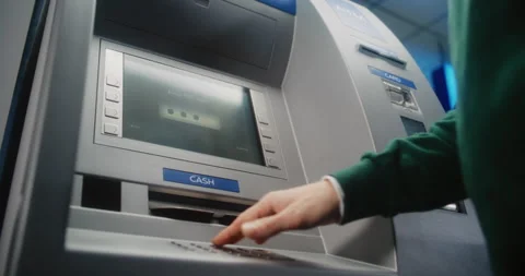 Unrecognizable Person Entering PIN Code. Transaction Cancellation Due to No Cash Stock Footage 310138097