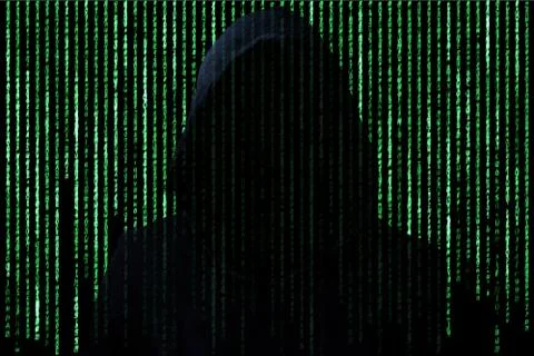 Unrecognizable person in the hood break computer character codes. Stock Illustration