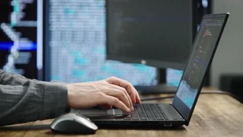 Unrecognizable programmer developer, writes code. Modern workplace with powerful Stock Footage 177311024