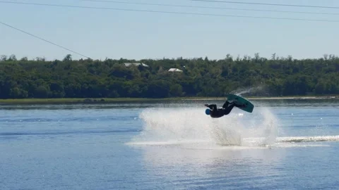Unrecognizable silhouette of man is surfing on river on sunny day. Stock Footage 275386936