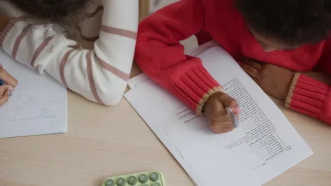 Unrecognizable Sister and Brother Doing Homework Stock Footage 329746522