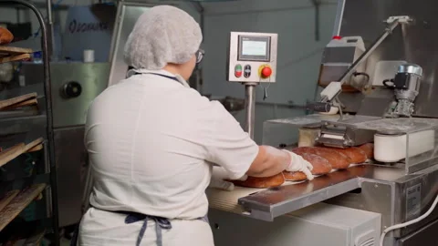 Unrecognizable woman put bread on Assembly line Stock Footage 249996509