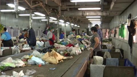 Unrecognizable Workers On The Conveyor Sorting Of Garbage At The Waste Stock Footage 158885901